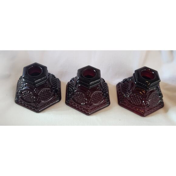 Avon 1876 Cape Cod Ruby Red Candle Holders Set of 3 Hex Taper Holders USA - Picture 1 of 6